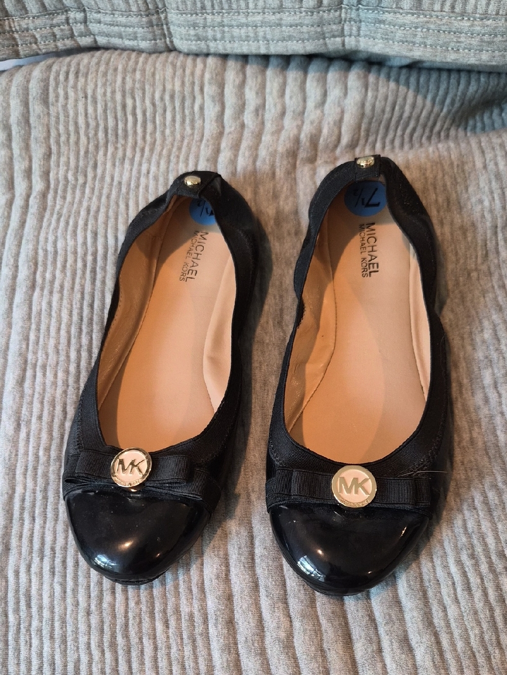 Michael Kors Black Bow-Trim Patent Cap-Toe Ballet Flats Size 7.5